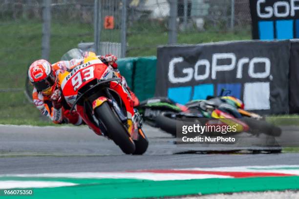 Marc Marquez of Repsol Honda Team on his back Johann Zarco of Monster Yamaha Tech 3 during the 2018 MotoGP Italian Grand Prix Qualifyng at Circuito...