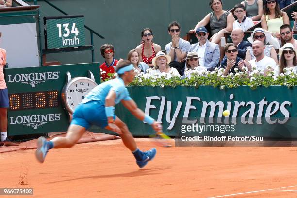 Maiwenn Le Besco, Jeremie Elkaim and Sara Forestier watch Rafael Nadal's match during the 2018 French Open - Day Seven at Roland Garros on June 2,...