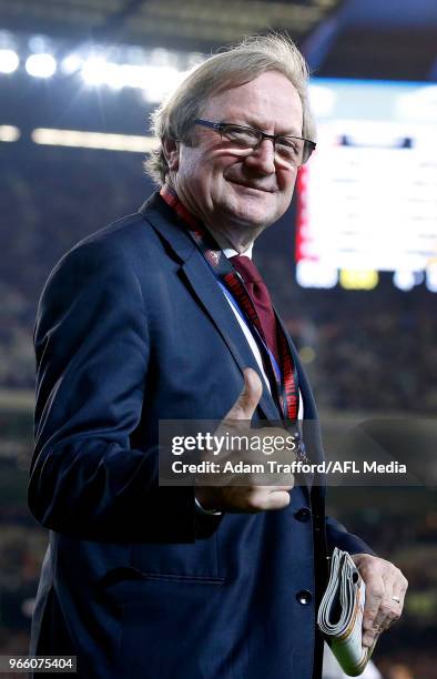 Essendon and Richmond champion and coach Kevin Sheedy thanks fans on a lap of honour after being elevated to Legend status in the AFL Hall of fame...