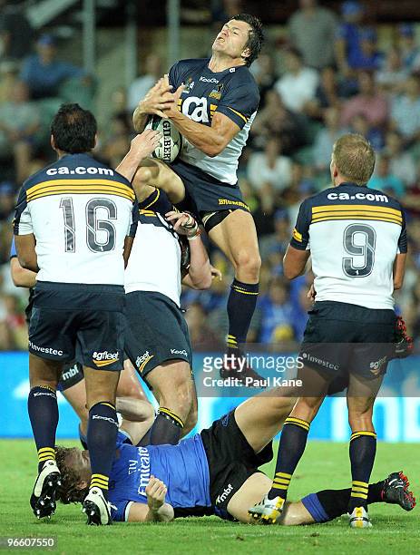 Adam Ashley-Cooper of the Brumbies intercepts a pass during the round one Super 14 match between the Western Force and the Brumbies at ME Bank...