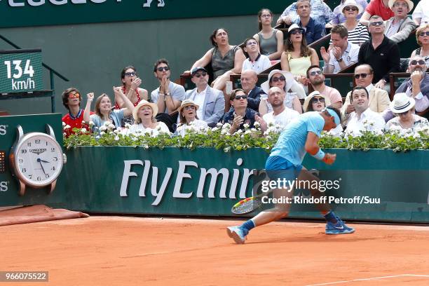 Maiwenn Le Besco, Jeremie Elkaim and Sara Forestier watch Rafael Nadal's match during the 2018 French Open - Day Seven at Roland Garros on June 2,...