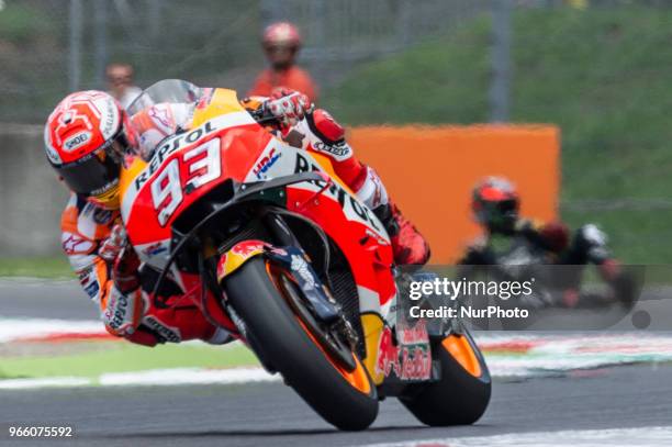 Marc Marquez of Repsol Honda Team on his back Johann Zarco of Monster Yamaha Tech 3 during the 2018 MotoGP Italian Grand Prix Qualifyng at Circuito...