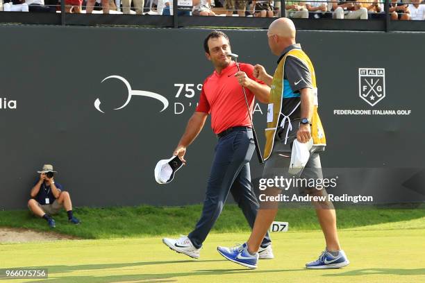 Francesco Molinari of Italy celebrates a birdie putt on the 18th green during day three of the Italian Open on June 2, 2018 in Brescia, Italy.