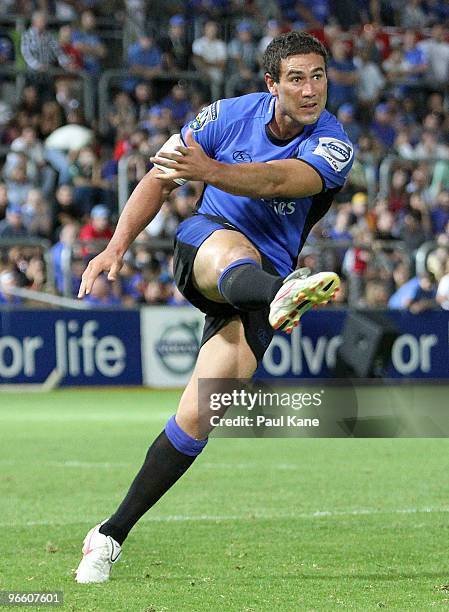 Sam Harris of the Force kicks the ball during the round one Super 14 match between the Western Force and the Brumbies at ME Bank Stadium on February...