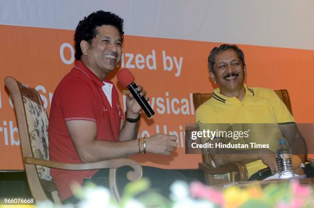 Cricket icon Sachin Tendulkar and sports critic Sunandan Lele during a function to inaugurate the initiative Mission Young and fit India, at...