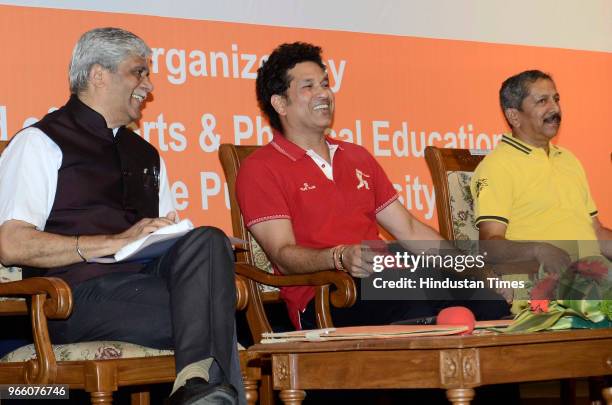 Cricket icon Sachin Tendulkar, SPPU vice-chancellor Nitin Karmalkar and Sunandan Lele during a function to inaugurate the initiative Mission Young...