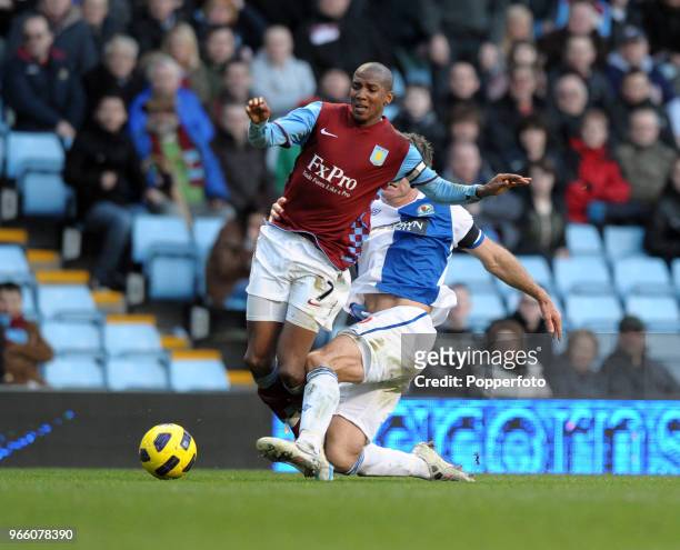 Ashley Young of Aston Villa is fouled by Ryan Nelsen of Blackburn Rovers during the Barclays Premier League match between Aston Villa and Blackburn...