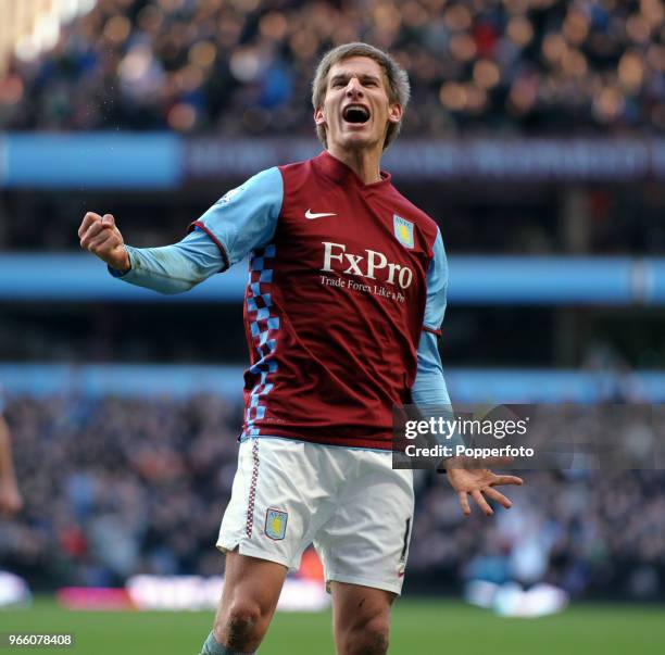 Marc Albrighton of Aston Villa celebrates after scoring a goal during the Barclays Premier League match between Aston Villa and Blackburn Rovers at...