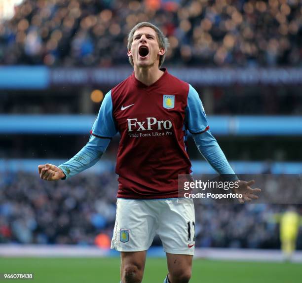 Marc Albrighton of Aston Villa celebrates after scoring a goal during the Barclays Premier League match between Aston Villa and Blackburn Rovers at...
