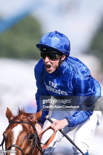 William Buick riding Masar win The Investec Derby during Investec Derby Day at Epsom Downs Racecourse on June 2, 2018 in Epsom, United Kingdom.