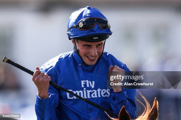 William Buick riding Masar win The Investec Derby during Investec Derby Day at Epsom Downs Racecourse on June 2, 2018 in Epsom, United Kingdom.