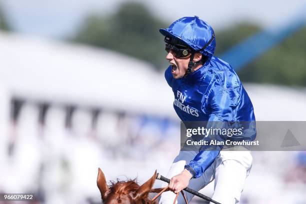 William Buick riding Masar win The Investec Derby during Investec Derby Day at Epsom Downs Racecourse on June 2, 2018 in Epsom, United Kingdom.