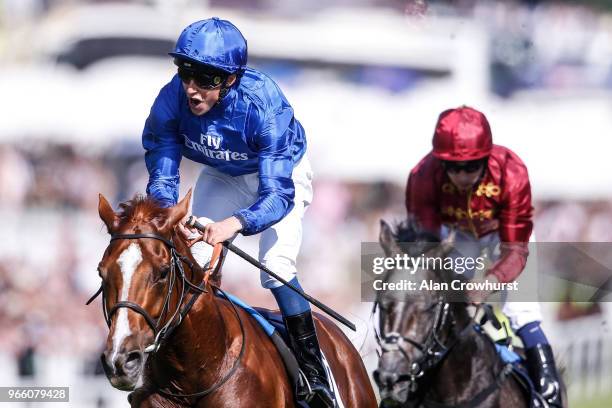 William Buick riding Masar win The Investec Derby during Investec Derby Day at Epsom Downs Racecourse on June 2, 2018 in Epsom, United Kingdom.