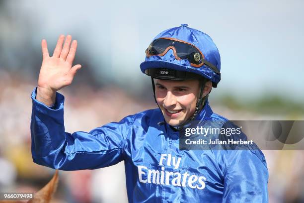 William Buick after Masar won The Investec Derby Race run during Investec Derby Day at Epsom Downs Racecourse on June 2, 2018 in Epsom, England.