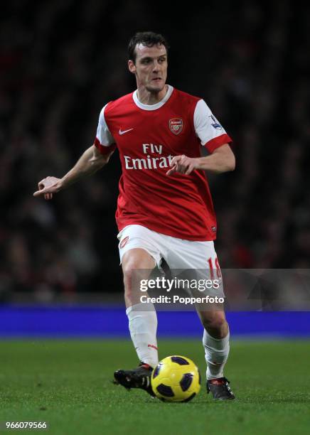 Sebastien Squillaci of Arsenal in action during the Barclays Premier League match between Arsenal and Stoke City at the Emirates Stadium on February...