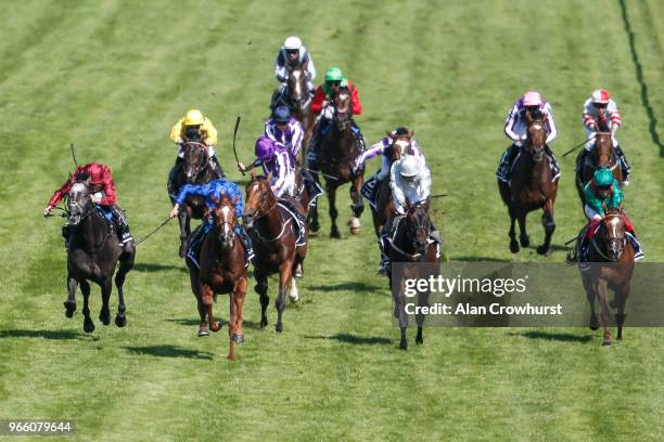 William Buick riding Masar win The Investec Derby during Investec Derby Day at Epsom Downs Racecourse on June 2, 2018 in Epsom, United Kingdom.