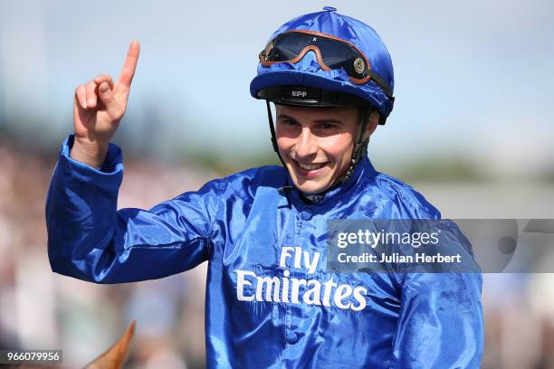 William Buick after Masar won The Investec Derby Race run during Investec Derby Day at Epsom Downs Racecourse on June 2, 2018 in Epsom, England.