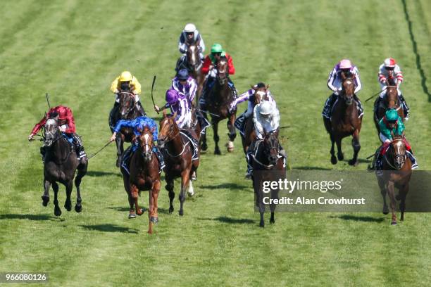 William Buick riding Masar win The Investec Derby during Investec Derby Day at Epsom Downs Racecourse on June 2, 2018 in Epsom, United Kingdom.