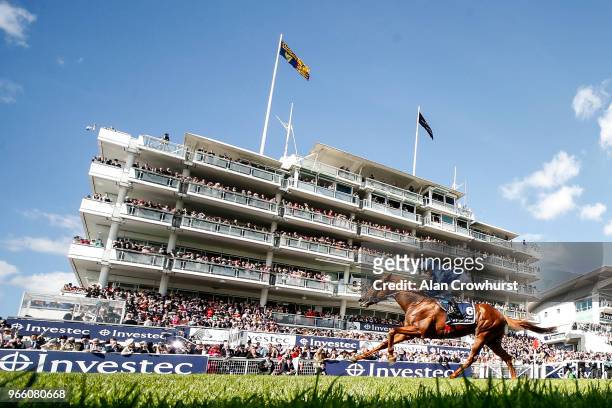 William Buick riding Masar wins The Investec Derby during Investec Derby Day at Epsom Downs Racecourse on June 2, 2018 in Epsom, United Kingdom.