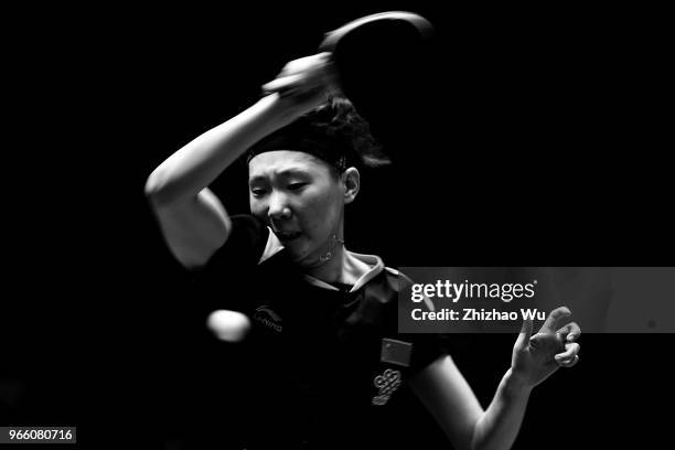 Wang Manyu of China in action at the women's singles quarter-final compete with Han Ying of Germany during the 2018 ITTF World Tour China Open on...