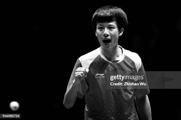 Lin Gaoyuan of China in action at the men's singles quarter-final compete with Mizutani Jun of Japan during the 2018 ITTF World Tour China Open on...