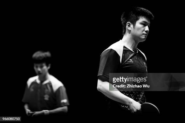 Fan Zhendong of China in action at the men's singles semi-final compete with Lin Gaoyuan of China during the 2018 ITTF World Tour China Open on June...