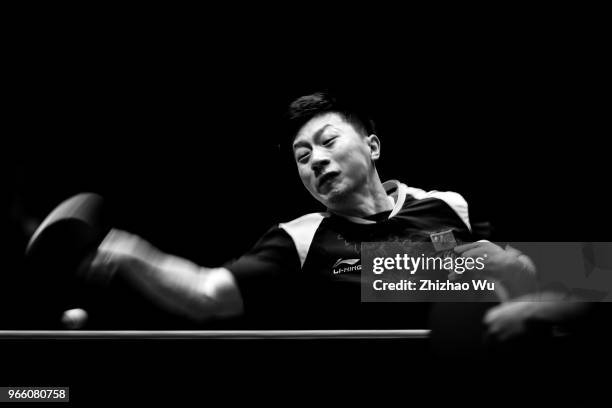 Ma Long of China in action at the men's singles semi-final compete with Lim Jonghoon of South Korea during the 2018 ITTF World Tour China Open on...