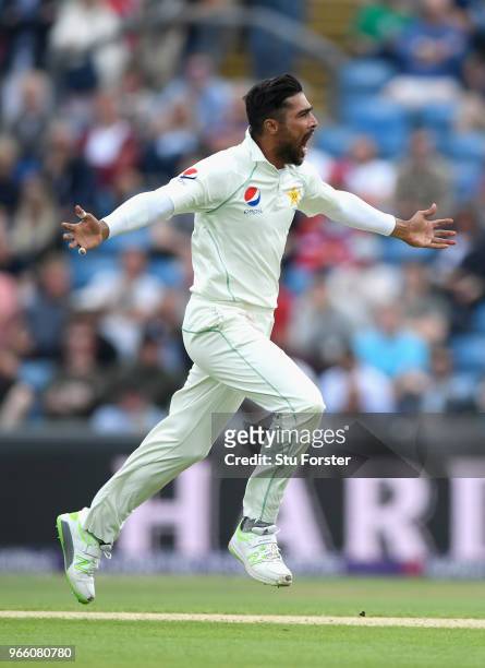 Pakistan bowler Mohammad Amir celebrates after dismissing Dawid Malan during day two of the second test match between England and Pakistan at...