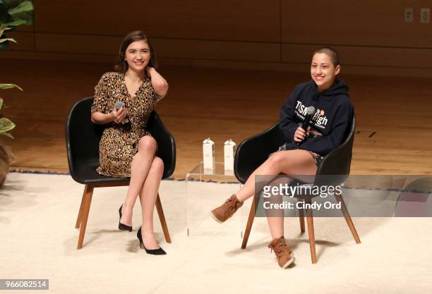 Rowan Blanchard and Emma Gonzalez speak onstage during Teen Vogue Summit 2018: #TurnUp - Day 2 at The New School on June 2, 2018 in New York City.