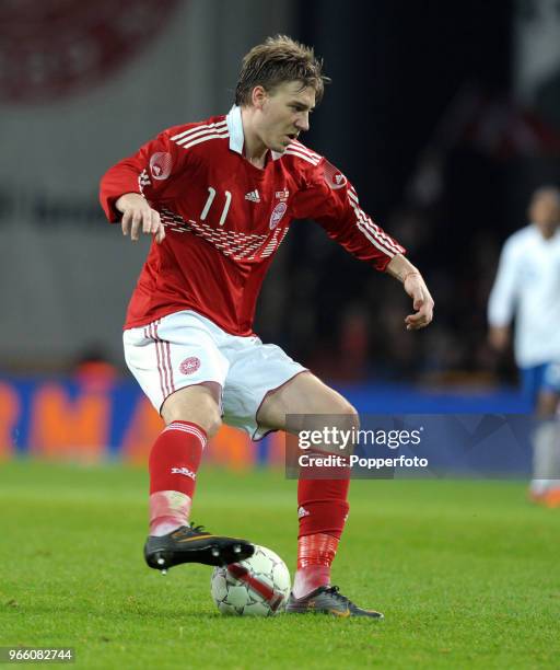 Nicklas Bendtner of Denmark in action during the international friendly match between Denmark and England at Parken Stadium on February 9, 2011 in...