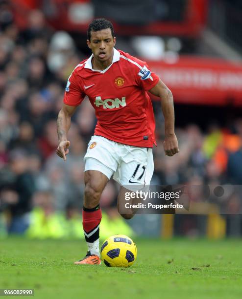 Nani of Manchester United in action during the Barclays Premier League match between Manchester United and Manchester City at Old Trafford on...