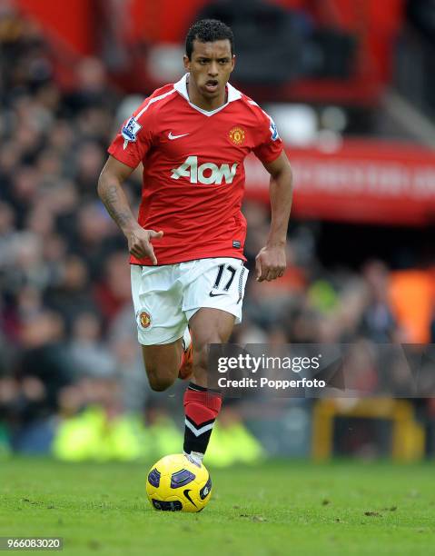 Nani of Manchester United in action during the Barclays Premier League match between Manchester United and Manchester City at Old Trafford on...