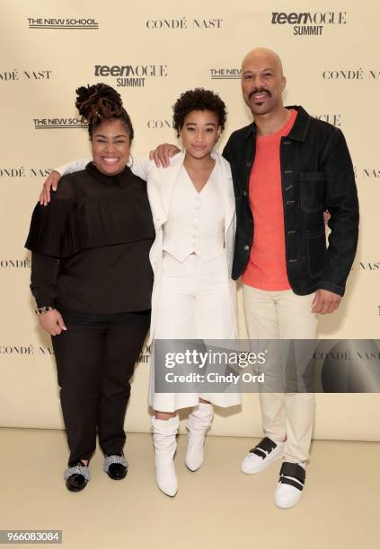 Angie Thomas, Amandla Stenberg, and Common attend Teen Vogue Summit 2018: #TurnUp - Day 2 at The New School on June 2, 2018 in New York City.