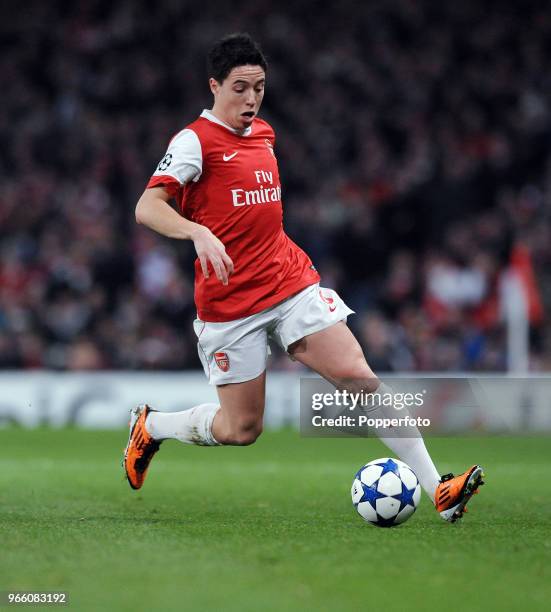 Samir Nasri of Arsenal in action during the UEFA Champions League round of 16 first leg match between Arsenal and Barcelona at the Emirates Stadium...