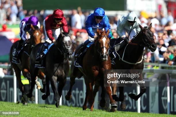 William Buick ridding Masar competes in the Investec Derby race on Derby Day at Epsom Downs on June 2, 2018 in Epsom, England.