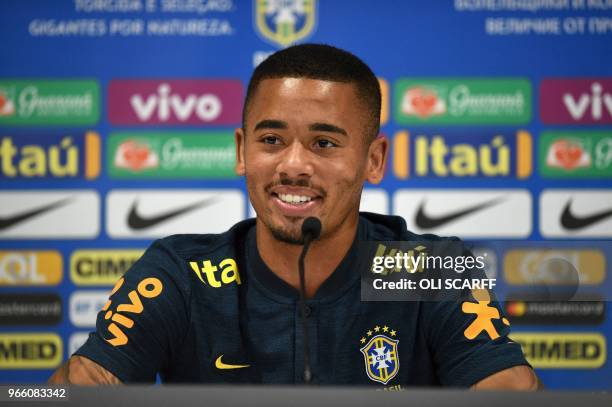 Brazil's striker Gabriel Jesus attends a press conference at Anfield stadium in Liverpool on June 2 ahead their International friendly football match...