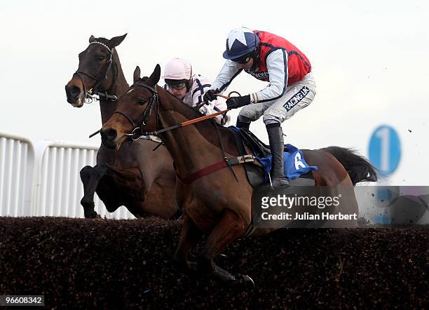 Aidan Coleman and Summery Justice clear the last fence in company with the Tom Siddall ridden Dover's Hill before landing The betdaqextra.com...