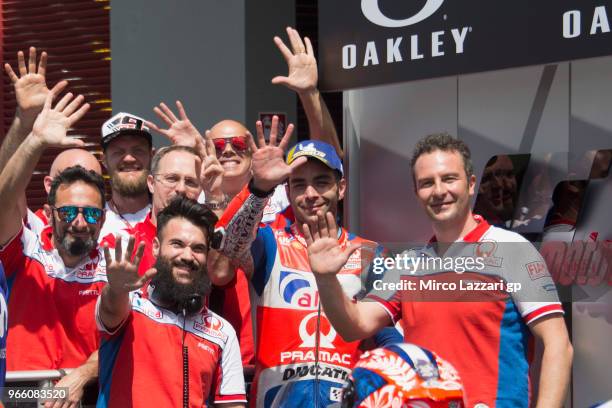 Danilo Petrucci of Italy and Pramac Racing celebrates the Indiependent team pole position at the end of the qualifying practice during the MotoGp of...