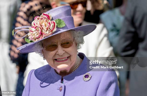 Queen Elizabeth II attends the Epsom Derby Festival at Epsom Racecourse on June 2, 2018 in Epsom, England.