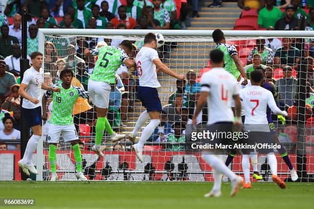 Gary Cahill of England scores the opening goal during an International Friendly between England and Nigeria at Wembley Stadium on June 2, 2018 in...