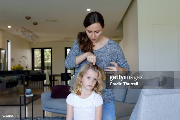 mother doing head lice inspection on daughter - piolho humano imagens e fotografias de stock