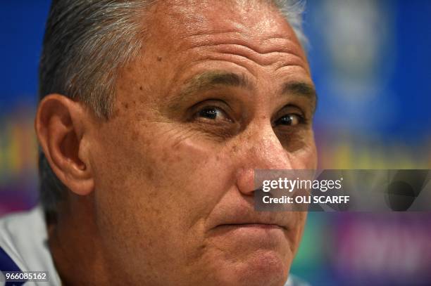 Brazil's head coach Tite attends a press conference at Anfield stadium in Liverpool on June 2 ahead their International friendly football match...