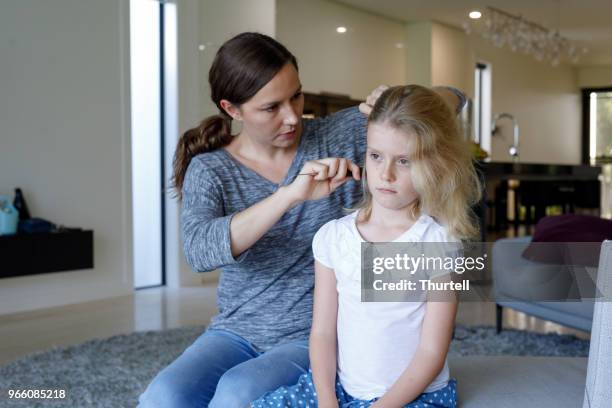 mother doing head lice inspection on daughter - piolho humano imagens e fotografias de stock