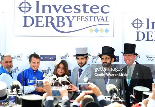 Jockey William Buick, Princess of Dubai Sheikha Al Jalila bint Mohammed Al Maktoum, Crown Prince of Dubai Sheikh Hamdan, Godolphin owner Sheikh...