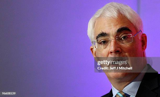 Chancellor of the Exchequer Alistair Darling gives a talk on the economy at the George Hotel on February 12, 2010 in Edinburgh, Scotland. As the UK...