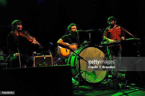 Morganeve Swain, David Lamb and Mike Samos of Brown Bird perform on stage at Shepherds Bush Empire on February 11, 2010 in London, England.