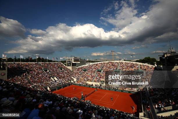 General view over court Suzanne Lenglen during the ladies singles third round match between Caroline Garcia of France and Irina-Camelia Begu of...