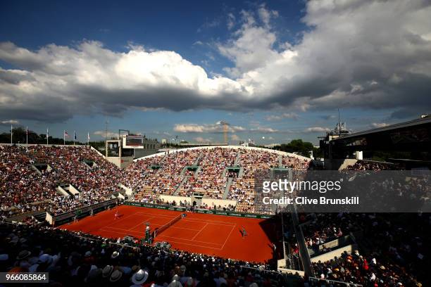 General view over court Suzanne Lenglen during the ladies singles third round match between Caroline Garcia of France and Irina-Camelia Begu of...