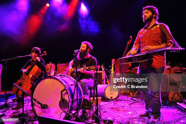 Morganeve Swain, David Lamb and Mike Samos of Brown Bird perform on stage at Shepherds Bush Empire on February 11, 2010 in London, England.