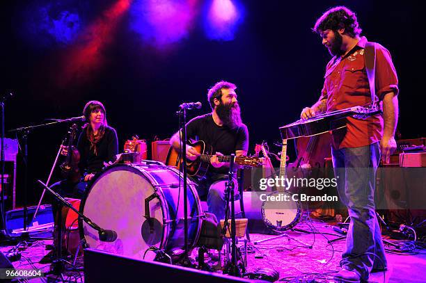 Morganeve Swain, David Lamb and Mike Samos of Brown Bird perform on stage at Shepherds Bush Empire on February 11, 2010 in London, England.
